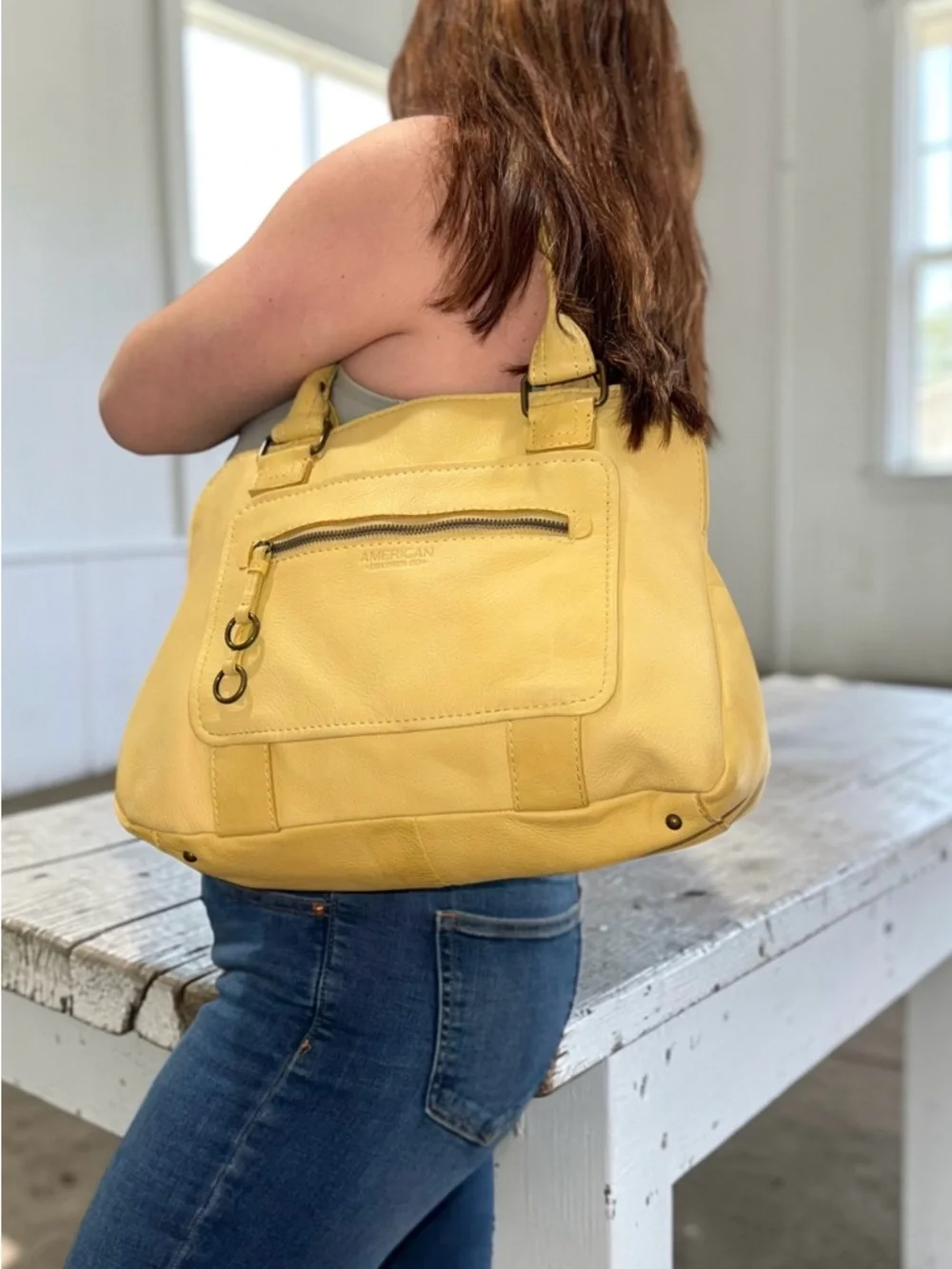American Leather Co. Lemon Yellow Leather Hobo Shoulder Bag - Picture 2 of 7
